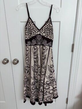 Magic Boho Midi Dress Brown Cream Floral Embroidered Cotton Sundress Size S Y2K